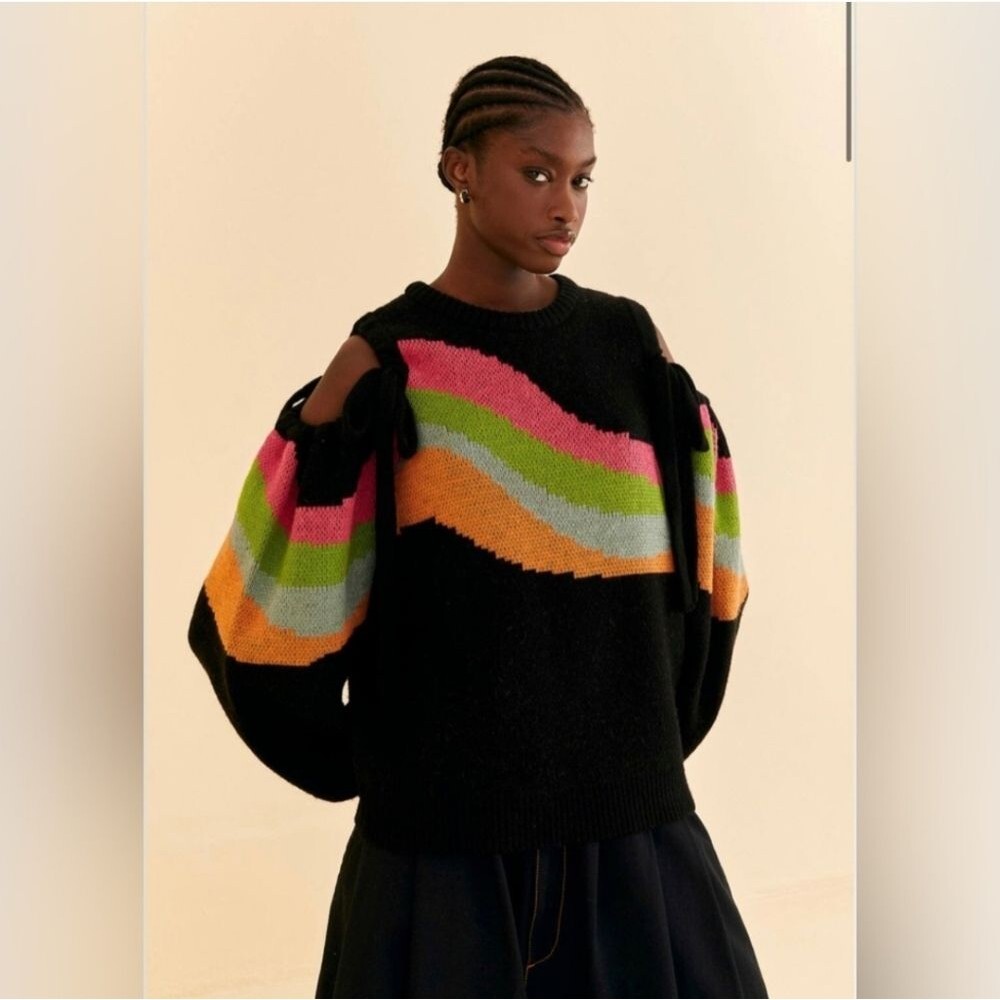 Farm Rio Relaxed Fit Balloon Sleeve Shoulder Cut Outs Round Crew Neck Sweater